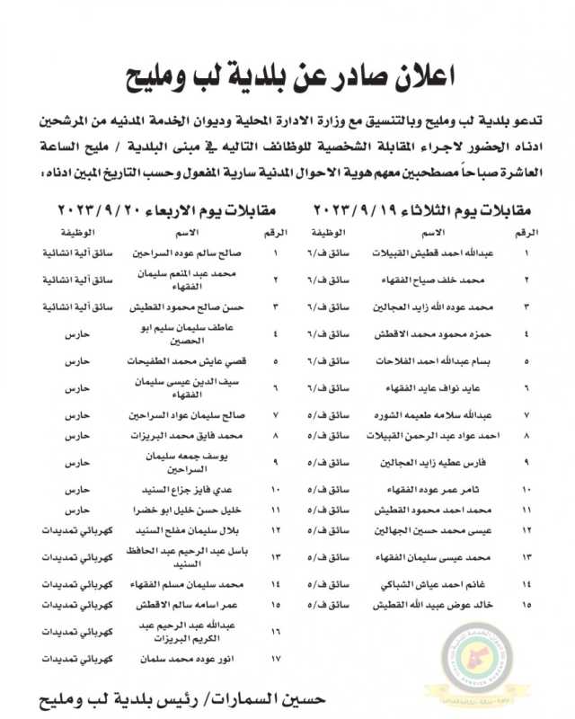 اعلان مقابلة شخصية في تمام الساعة العاشرة صباحا صادر عن بلدية لب ومليح