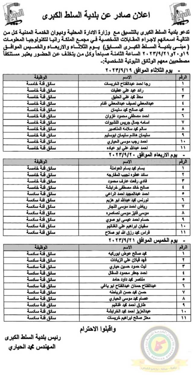 اعلان مقابلة شخصية تمام الساعة الثامنة صباحا صادر عن بلدية السلط الكبرى