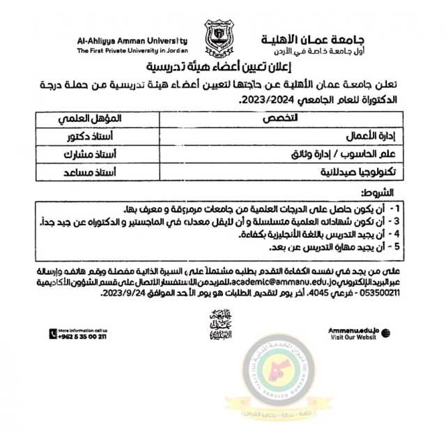 اعلان تعيين اعضاء هيئة تدريسية صادر عن جامعة عمان الأهلية