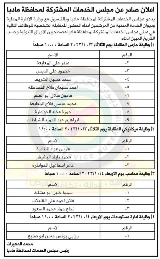 اعلان مقابلات شخصية صادر عن مجلس الخدمات المشتركة لمحافظة مادبا