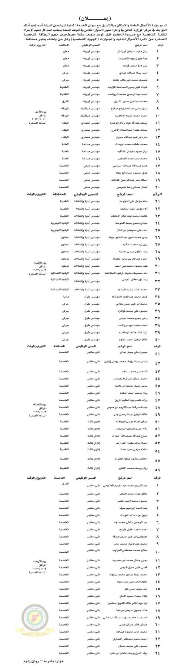 اعلان مقابلة شخصية في تمام الساعة العاشرة صباحا صادرعن وزارة الأشغال العامة والإسكان