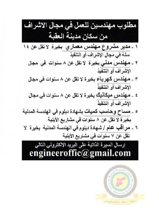 اعلان وظائف شاغرة مهندسين للعمل في مجال الإشراف صادرعن سكان مدينة العقبة