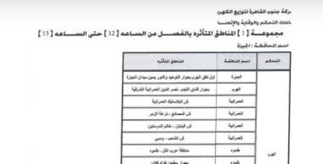 اعمل حسابك.. فصل الكهرباء عن هذه المناطق بالجيزة 12 ظهرا ولمدة ساعة