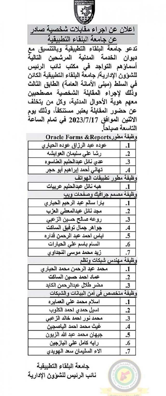 اعلان مقابلة شخصية يوم الأثنين الموافق 17-7-2023 في تمام الساعة التاسعة صباحا صادر عن جامعة البلقاء التطبيقية