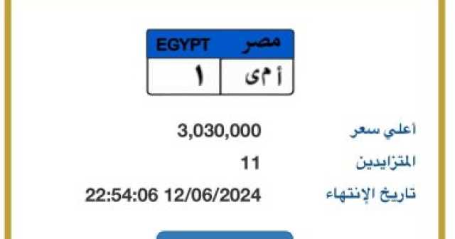 المزاد على لوحة سيارة أ م ى- 1 المميزة يتخطى 3 ملايين جنيه