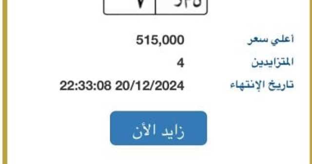 مزايدة شرسة بين 9 أشخاص يرفع سعر لوحة السيارة ن م ر- 7 لـ 11 مليون جنيه