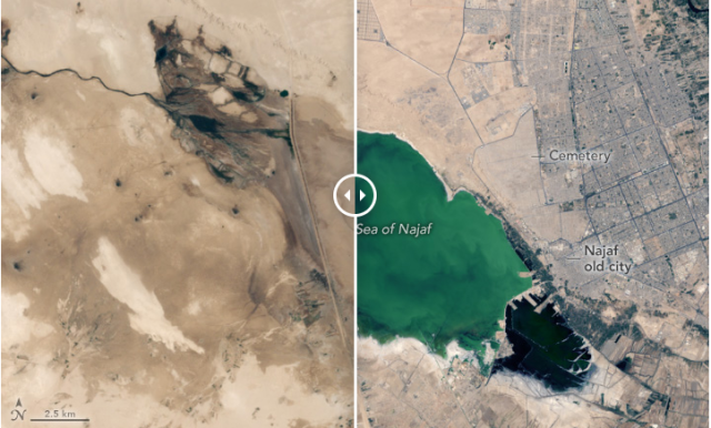 موقع NASA Earth: عودة المياه لبحر النجف والمدينة ووادي السلام يكبران بشكل متسارع (صور)