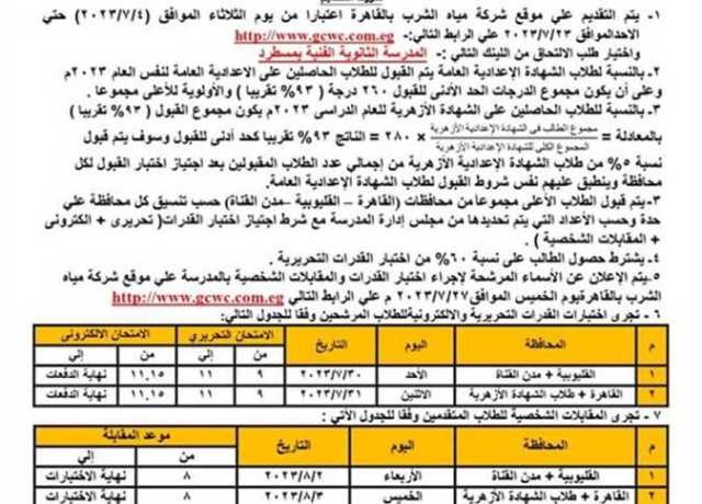 تعليم القليوبية تعلن بدء التقديم بمدرسة مياه الشرب بمسطرد (الشروط والأوراق المطلوبة)