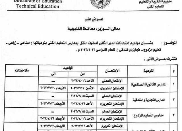 مواعيد امتحانات الدور الثاني لصفوف النقل بمدارس التعليم الفني بالقليوبية