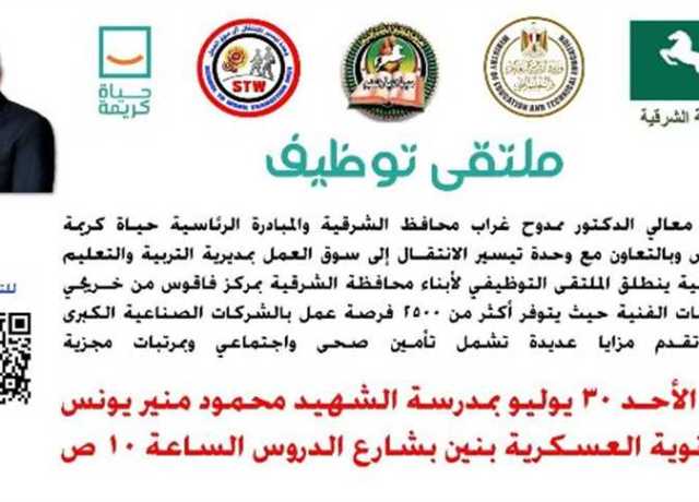 انطلاق فعاليات الملتقي التوظيفي للشباب بمدرسة محمود منير يونس بفاقوس الأحد المقبل
