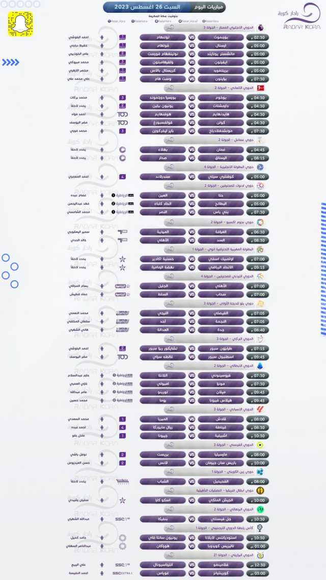 مواعيد مباريات اليوم السبت 26 - 8 - 2023 والقنوات الناقلة