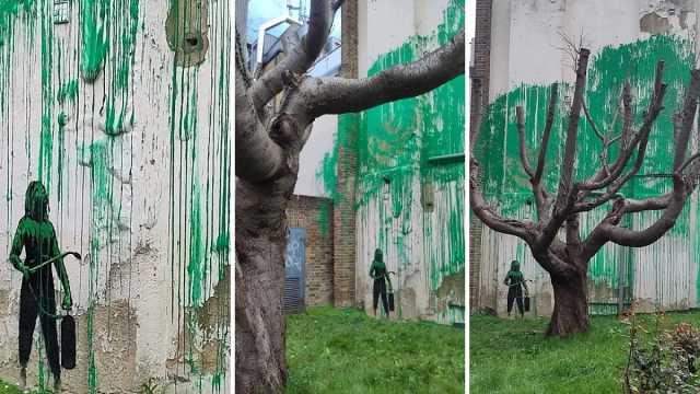 شجرة غير مورقة في لندن يبعث فيها الفنان بانكسي 'الحياة' من خلال رسم جداري
